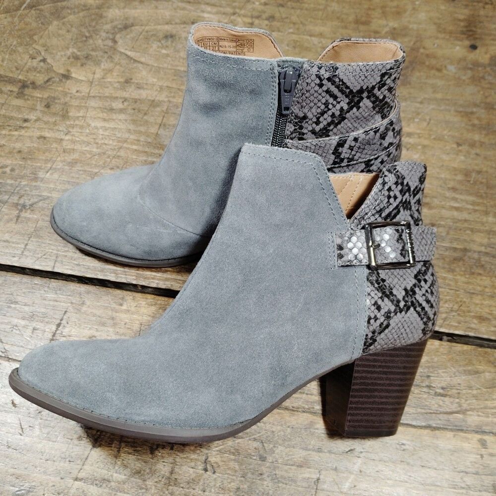 Vionic Naomi Boots Sz 10 Gray Suede Snake Print Ankle Booties Buckle